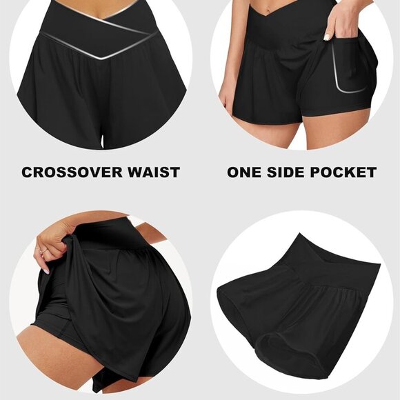 Crossover Athletic Shorts for Women 2 in 1 Flowy Running Shorts with Pockets Spa - Picture 4 of 4
